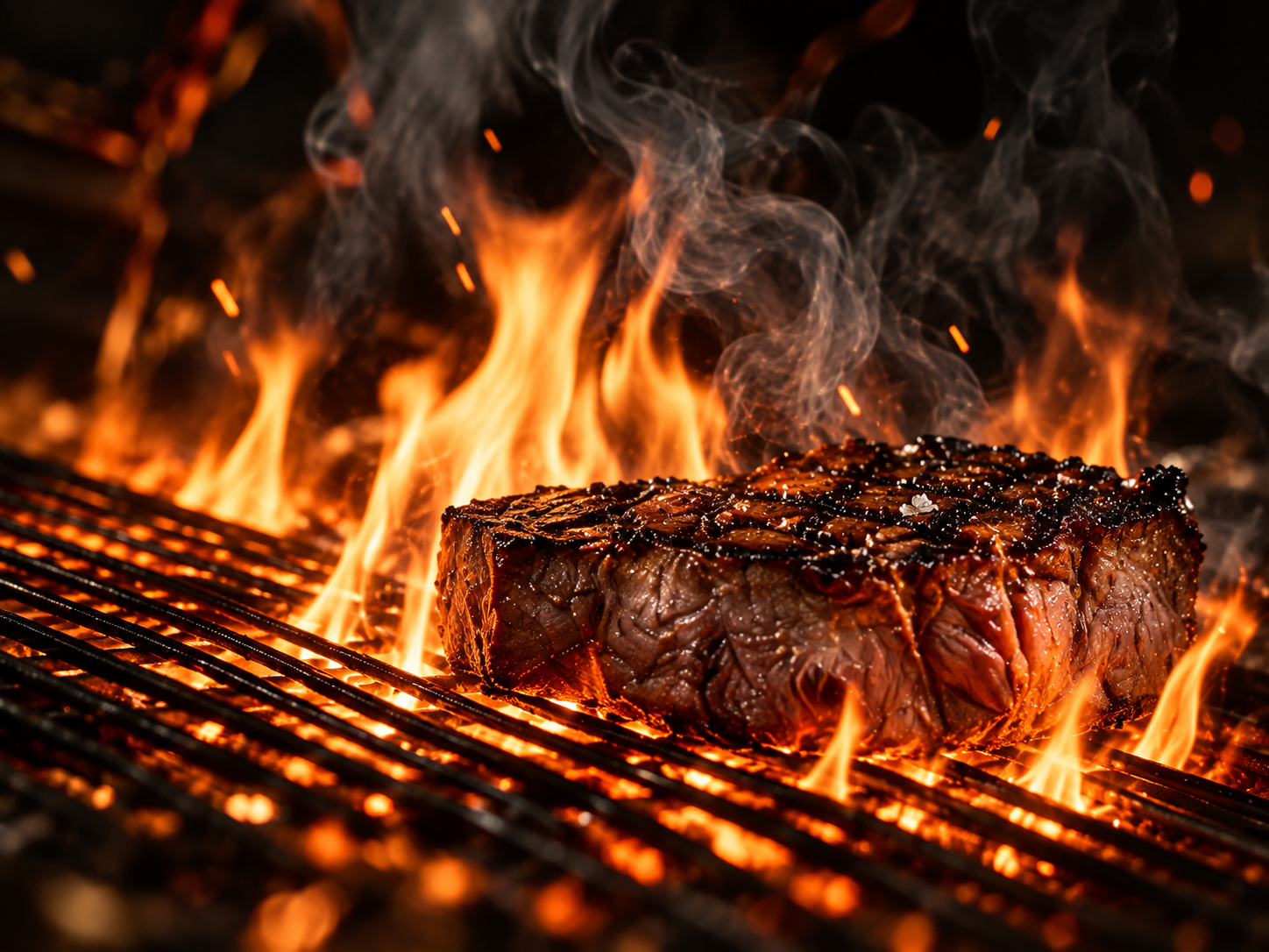 Steak mit kräftiger Kruste über der offenen Flamme