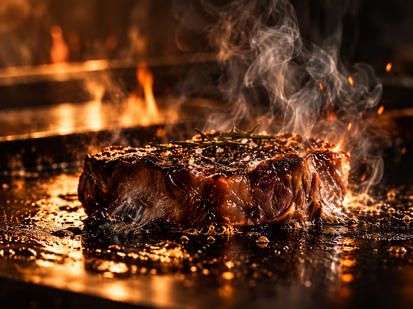 Steak mit goldbrauner Kruste auf einer heißen Grillplatte