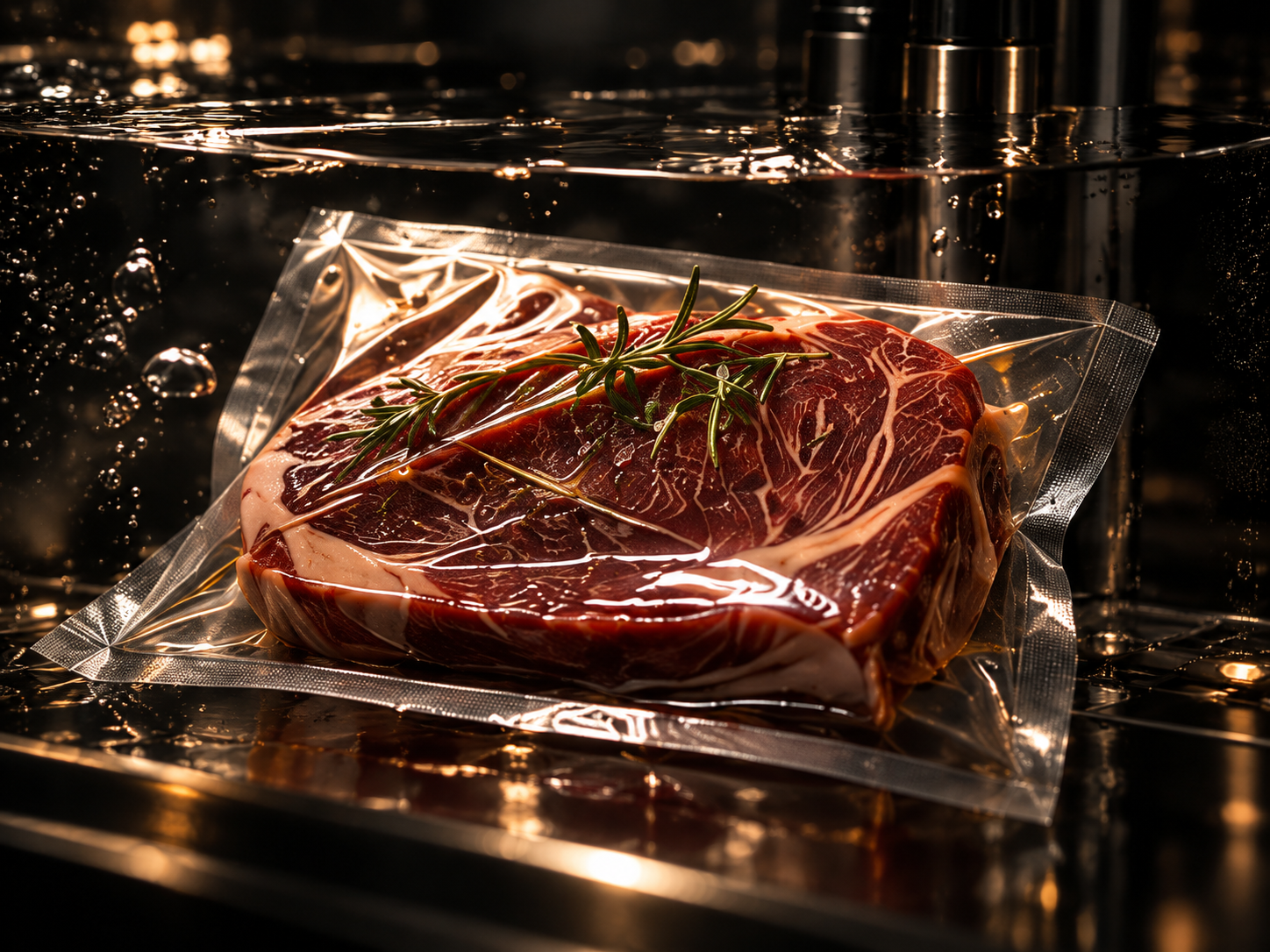 Marmoriertes Steak im Vakuumbeutel im Sous-vide-Wasserbad