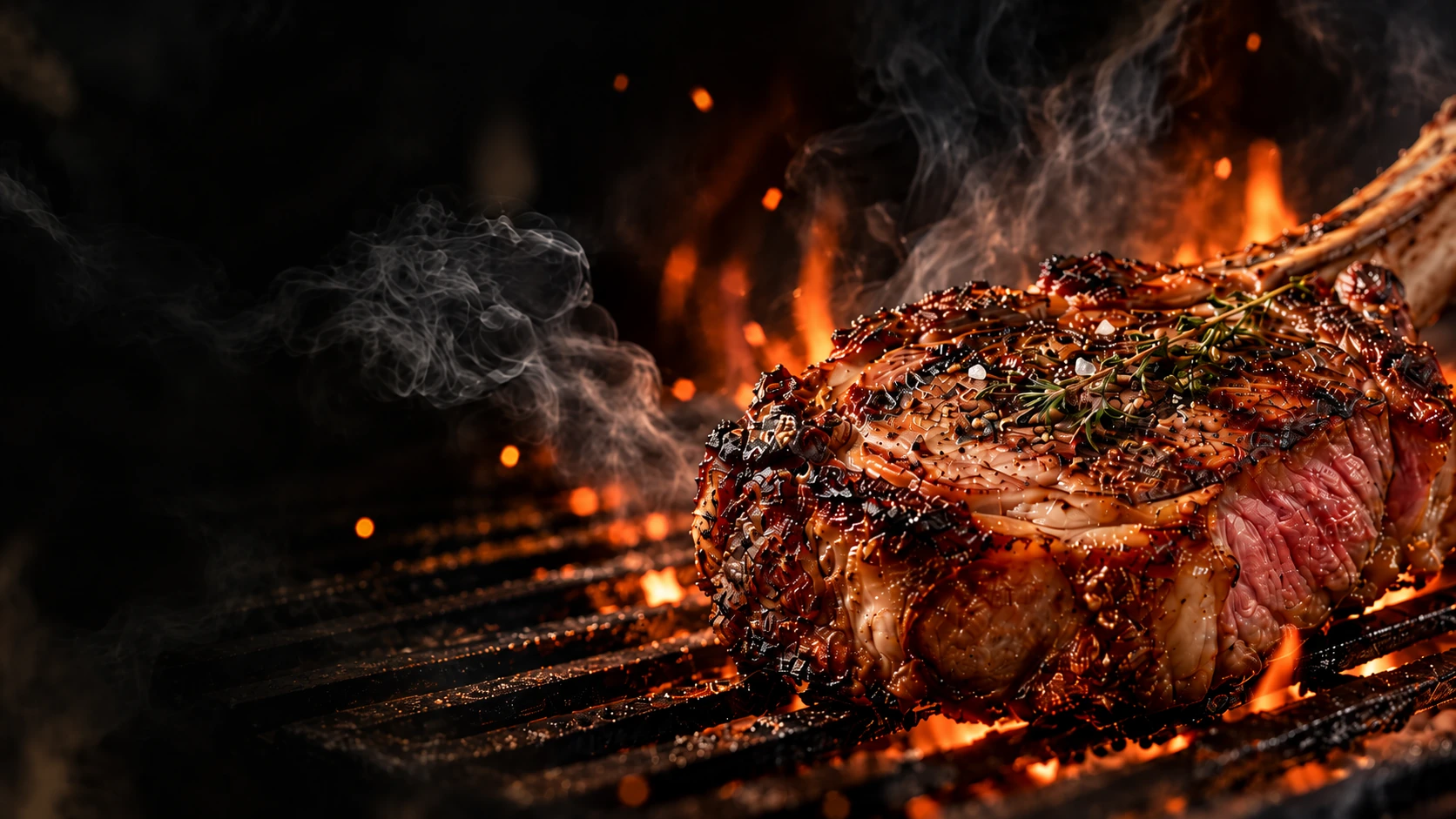 Premium-Steak über glühenden Kohlen mit dezenter offener Flamme